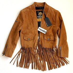 SUPERDRY Tan Brown Suede Leather Biker Jacket with Fringe, size SMALL New w/Tag